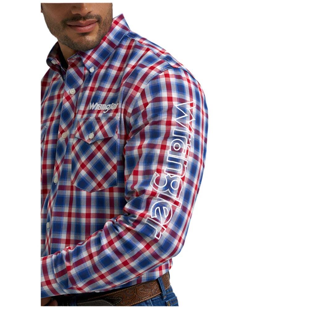 Wrangler Logo Long Sleeve Button Down Plaid Shirt Mens XLT Blue Red Embroidered
